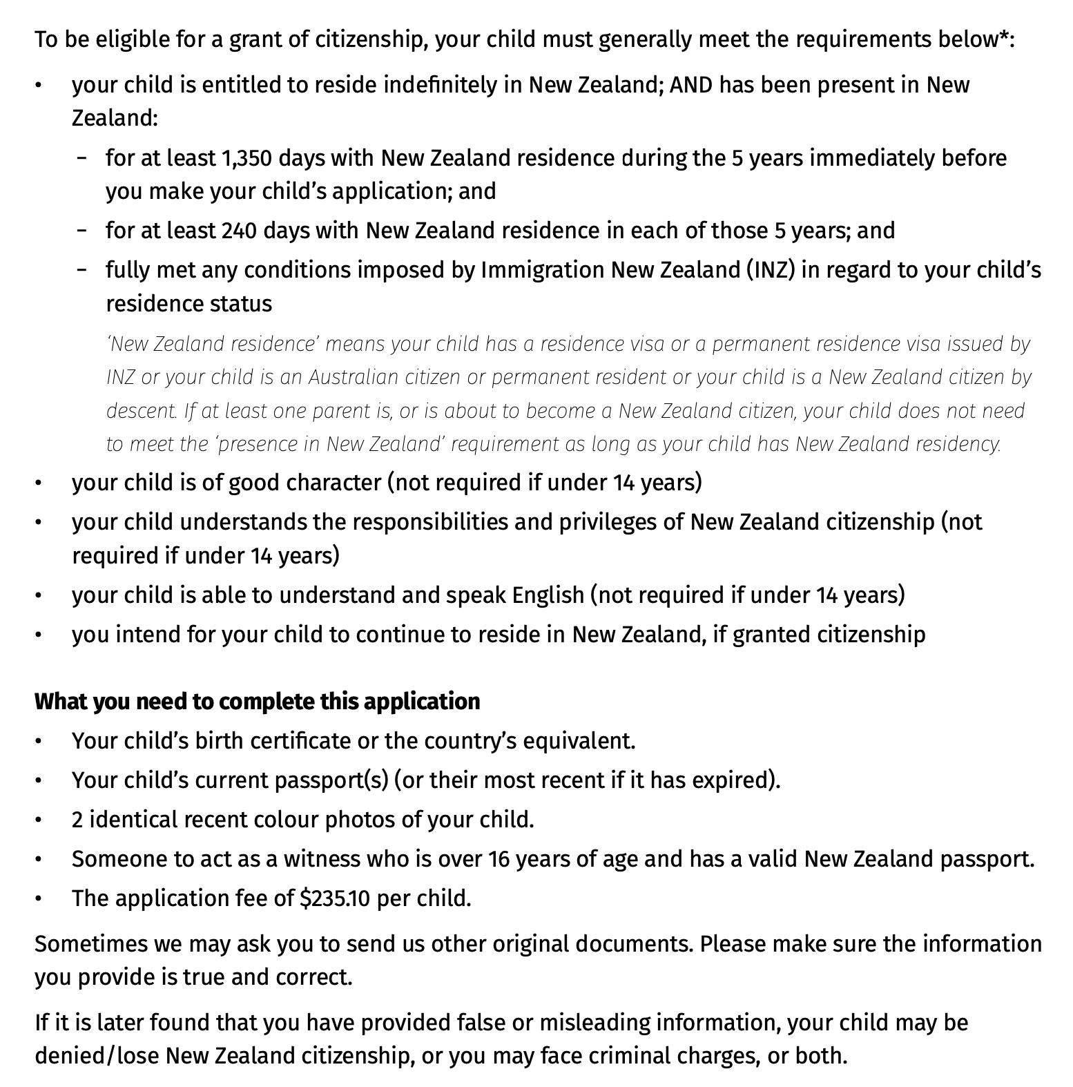 Application for New Zealand Citizenship - Child Requirements